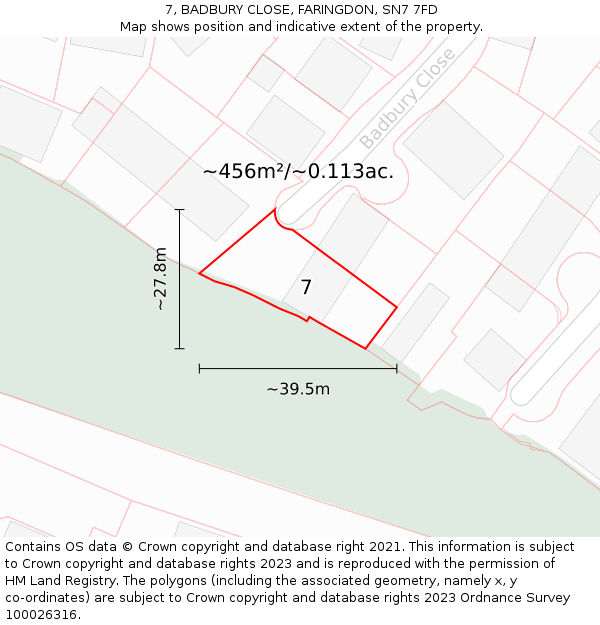 7, BADBURY CLOSE, FARINGDON, SN7 7FD: Plot and title map