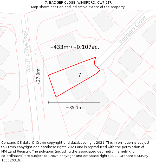 7, BADGER CLOSE, WINSFORD, CW7 2TR: Plot and title map