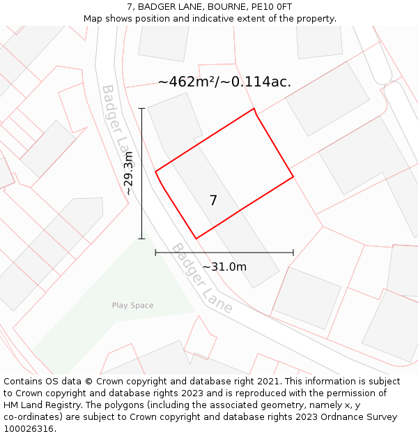 7, BADGER LANE, BOURNE, PE10 0FT: Plot and title map