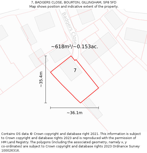 7, BADGERS CLOSE, BOURTON, GILLINGHAM, SP8 5FD: Plot and title map