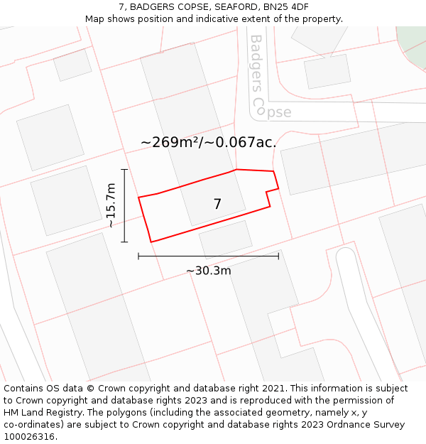 7, BADGERS COPSE, SEAFORD, BN25 4DF: Plot and title map