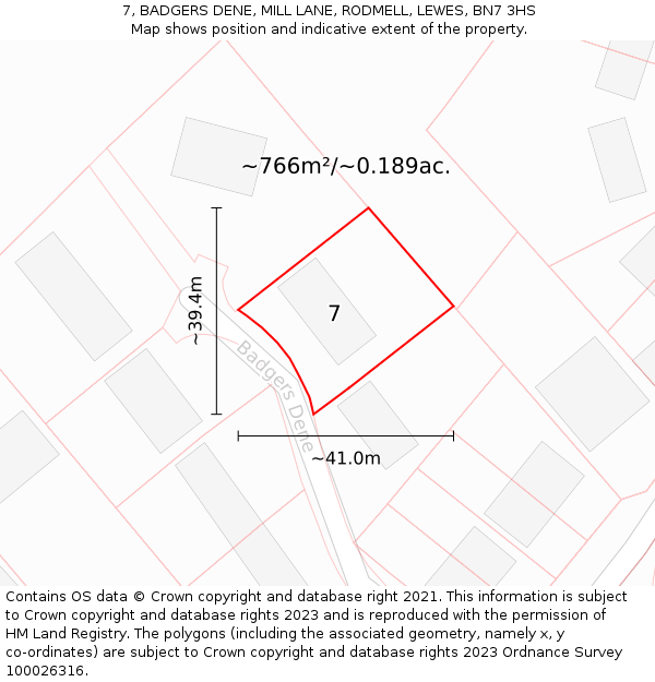 7, BADGERS DENE, MILL LANE, RODMELL, LEWES, BN7 3HS: Plot and title map