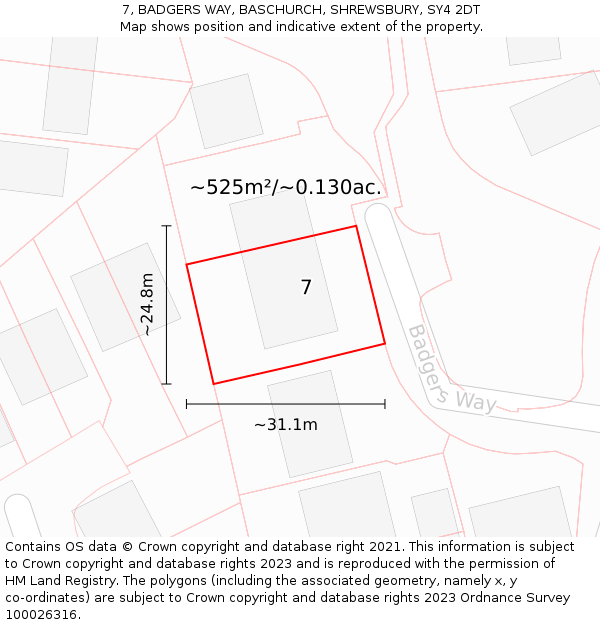 7, BADGERS WAY, BASCHURCH, SHREWSBURY, SY4 2DT: Plot and title map