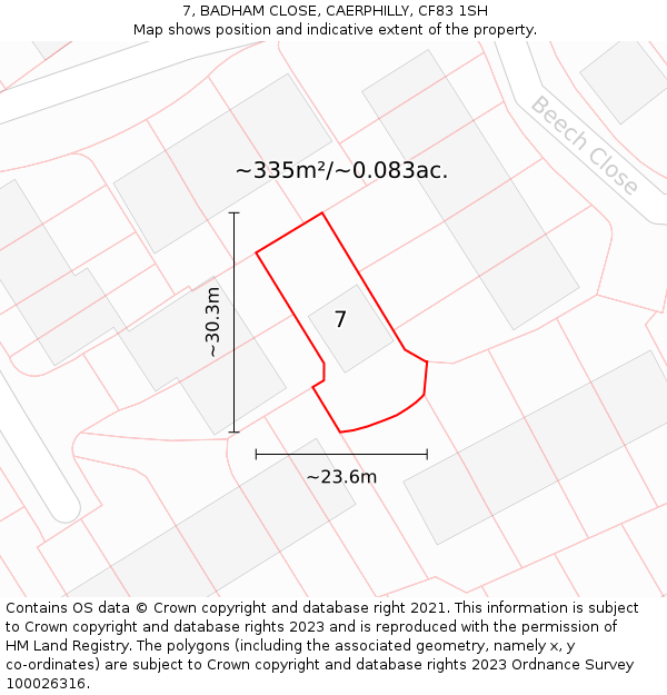 7, BADHAM CLOSE, CAERPHILLY, CF83 1SH: Plot and title map