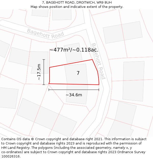 7, BAGEHOTT ROAD, DROITWICH, WR9 8UH: Plot and title map