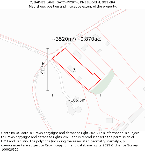 7, BAINES LANE, DATCHWORTH, KNEBWORTH, SG3 6RA: Plot and title map