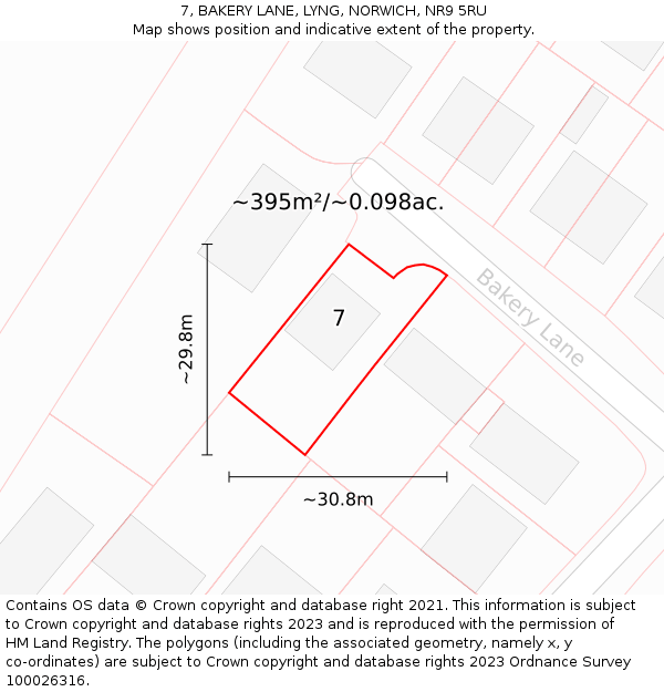 7, BAKERY LANE, LYNG, NORWICH, NR9 5RU: Plot and title map