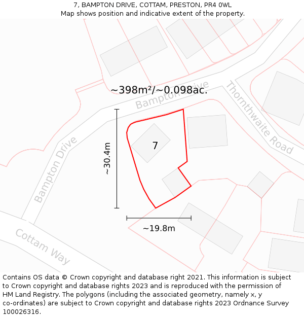 7, BAMPTON DRIVE, COTTAM, PRESTON, PR4 0WL: Plot and title map