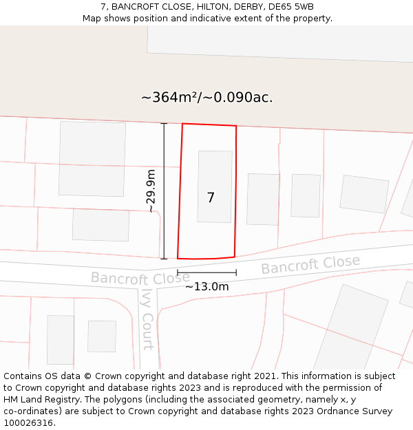 7, BANCROFT CLOSE, HILTON, DERBY, DE65 5WB: Plot and title map