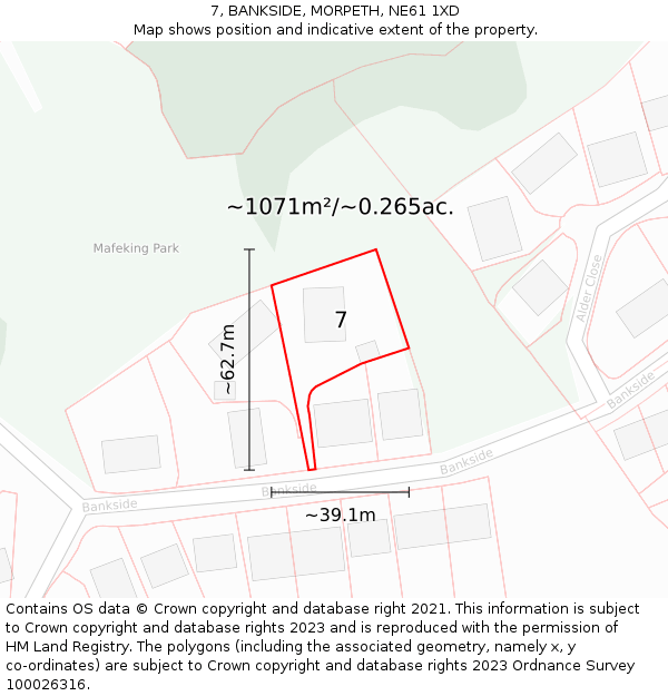 7, BANKSIDE, MORPETH, NE61 1XD: Plot and title map