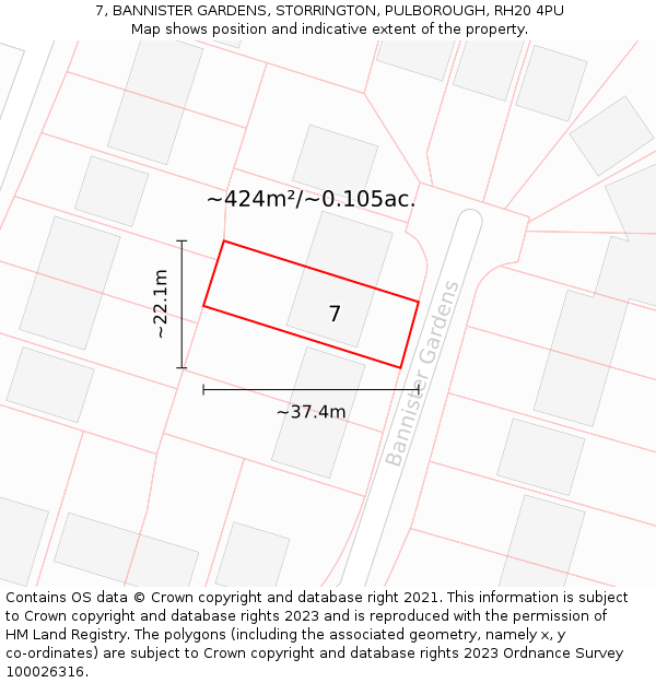 7, BANNISTER GARDENS, STORRINGTON, PULBOROUGH, RH20 4PU: Plot and title map