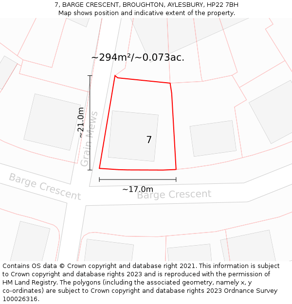 7, BARGE CRESCENT, BROUGHTON, AYLESBURY, HP22 7BH: Plot and title map