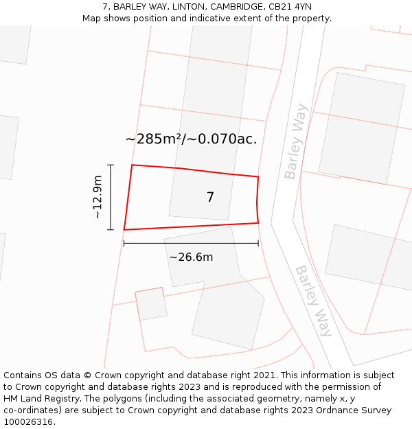 7, BARLEY WAY, LINTON, CAMBRIDGE, CB21 4YN: Plot and title map