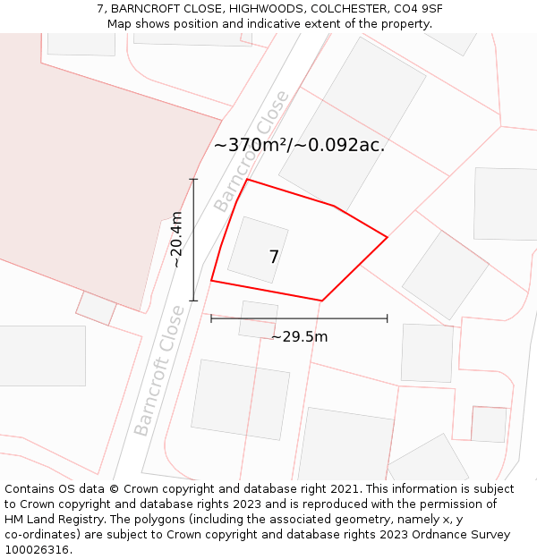 7, BARNCROFT CLOSE, HIGHWOODS, COLCHESTER, CO4 9SF: Plot and title map