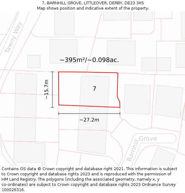 7, BARNHILL GROVE, LITTLEOVER, DERBY, DE23 3XS: Plot and title map