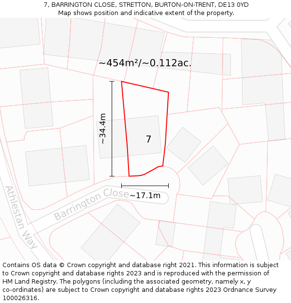 7, BARRINGTON CLOSE, STRETTON, BURTON-ON-TRENT, DE13 0YD: Plot and title map