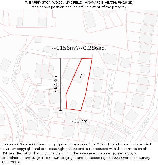 7, BARRINGTON WOOD, LINDFIELD, HAYWARDS HEATH, RH16 2DJ: Plot and title map