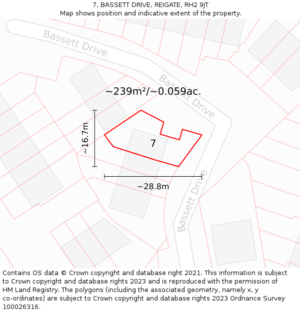 7, BASSETT DRIVE, REIGATE, RH2 9JT: Plot and title map