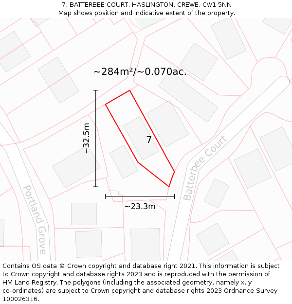 7, BATTERBEE COURT, HASLINGTON, CREWE, CW1 5NN: Plot and title map