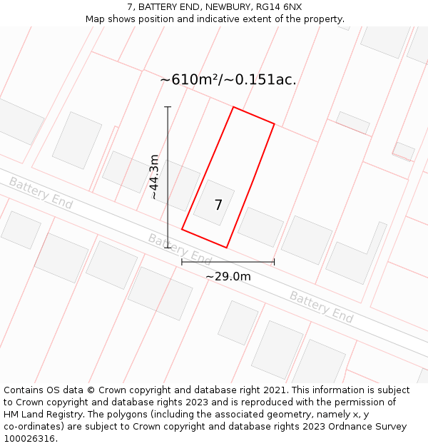 7, BATTERY END, NEWBURY, RG14 6NX: Plot and title map