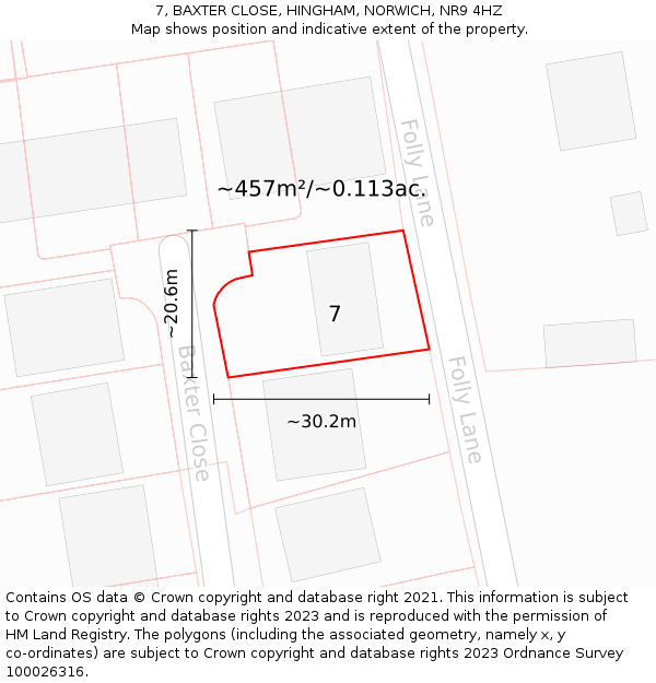 7, BAXTER CLOSE, HINGHAM, NORWICH, NR9 4HZ: Plot and title map