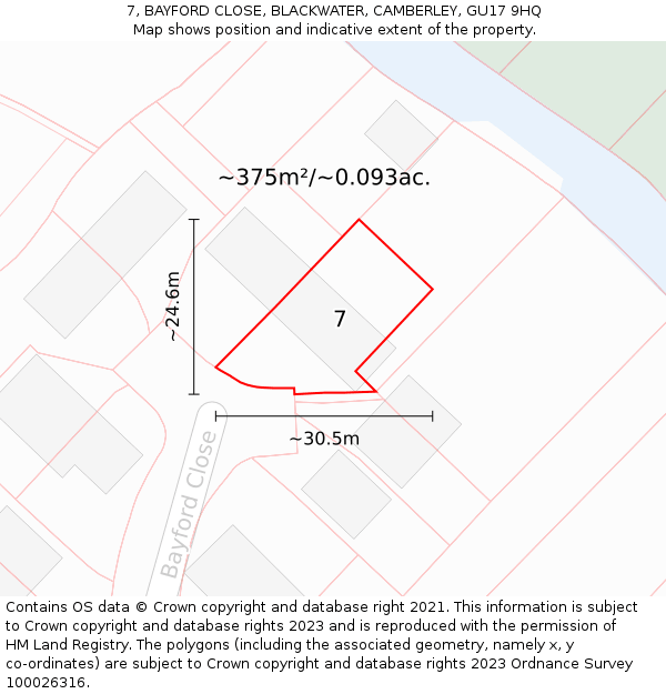 7, BAYFORD CLOSE, BLACKWATER, CAMBERLEY, GU17 9HQ: Plot and title map