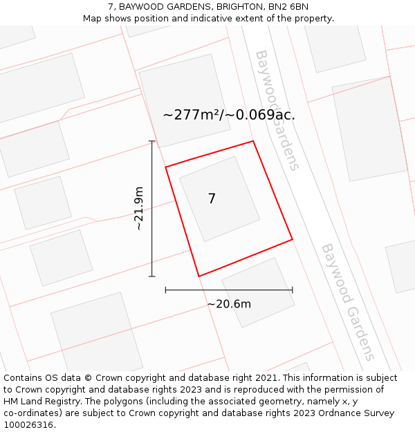 7, BAYWOOD GARDENS, BRIGHTON, BN2 6BN: Plot and title map