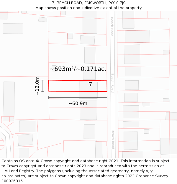 7, BEACH ROAD, EMSWORTH, PO10 7JS: Plot and title map