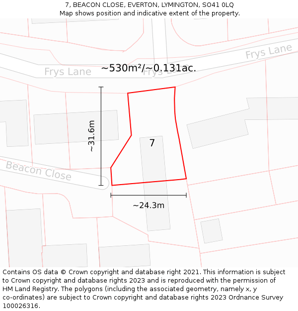 7, BEACON CLOSE, EVERTON, LYMINGTON, SO41 0LQ: Plot and title map