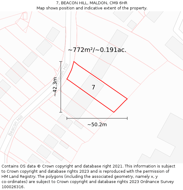 7, BEACON HILL, MALDON, CM9 6HR: Plot and title map