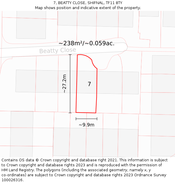 7, BEATTY CLOSE, SHIFNAL, TF11 8TY: Plot and title map