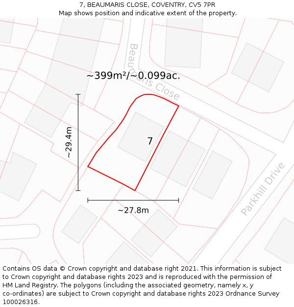 7, BEAUMARIS CLOSE, COVENTRY, CV5 7PR: Plot and title map