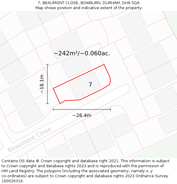 7, BEAUMONT CLOSE, BOWBURN, DURHAM, DH6 5QA: Plot and title map
