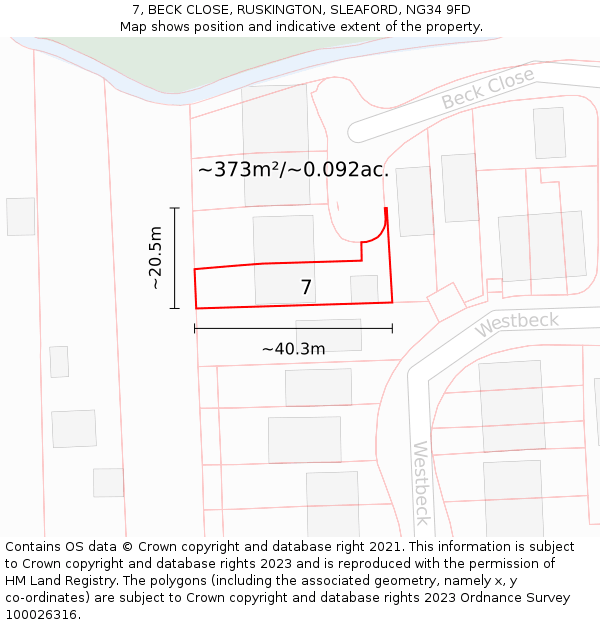 7, BECK CLOSE, RUSKINGTON, SLEAFORD, NG34 9FD: Plot and title map