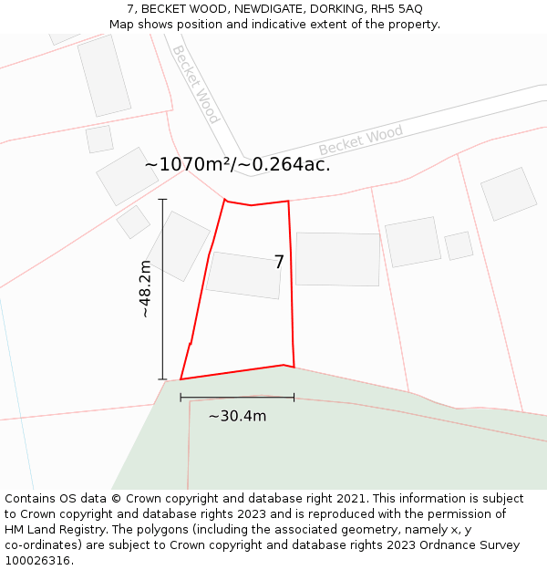 7, BECKET WOOD, NEWDIGATE, DORKING, RH5 5AQ: Plot and title map