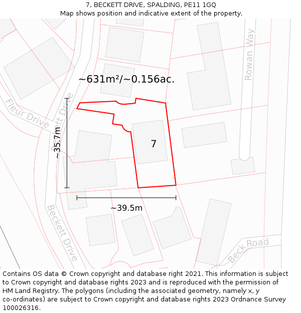 7, BECKETT DRIVE, SPALDING, PE11 1GQ: Plot and title map