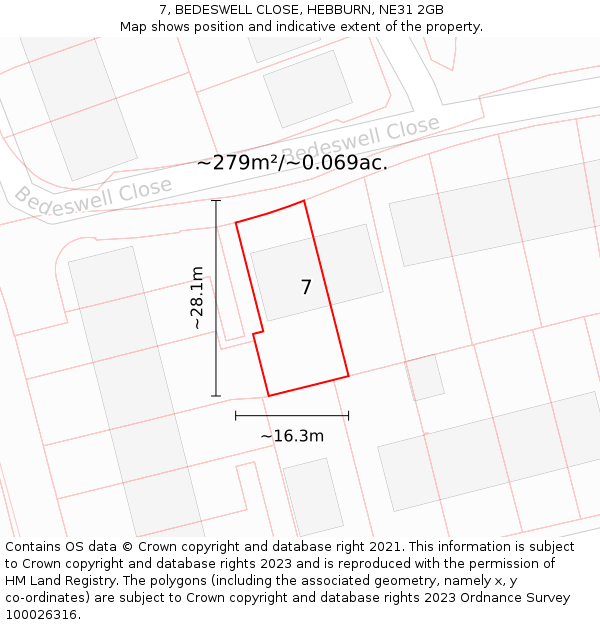 7, BEDESWELL CLOSE, HEBBURN, NE31 2GB: Plot and title map