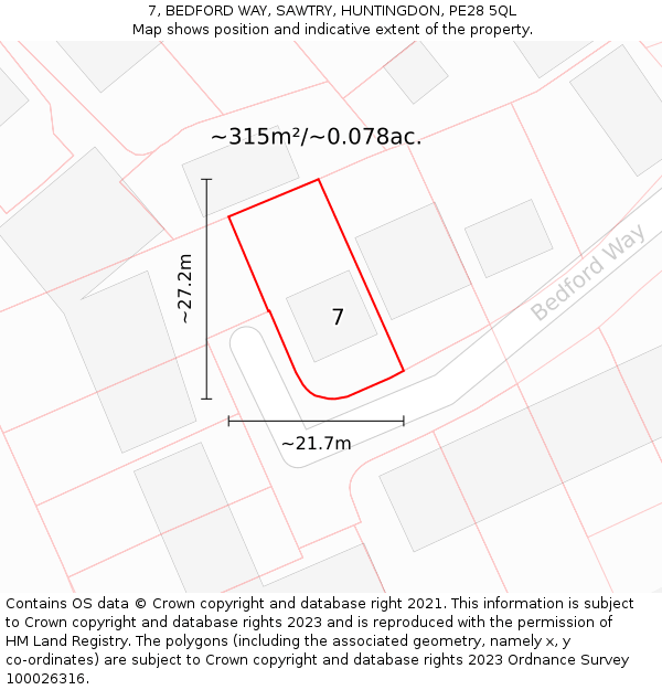 7, BEDFORD WAY, SAWTRY, HUNTINGDON, PE28 5QL: Plot and title map