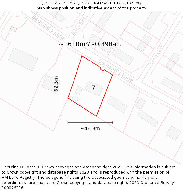 7, BEDLANDS LANE, BUDLEIGH SALTERTON, EX9 6QH: Plot and title map