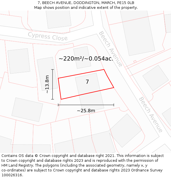 7, BEECH AVENUE, DODDINGTON, MARCH, PE15 0LB: Plot and title map