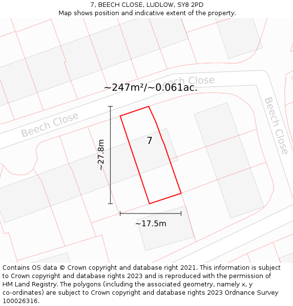 7, BEECH CLOSE, LUDLOW, SY8 2PD: Plot and title map