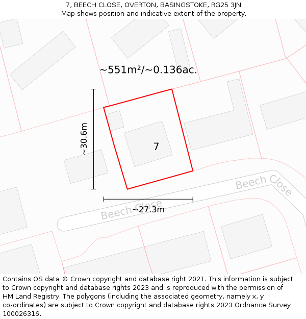 7, BEECH CLOSE, OVERTON, BASINGSTOKE, RG25 3JN: Plot and title map