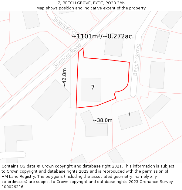 7, BEECH GROVE, RYDE, PO33 3AN: Plot and title map