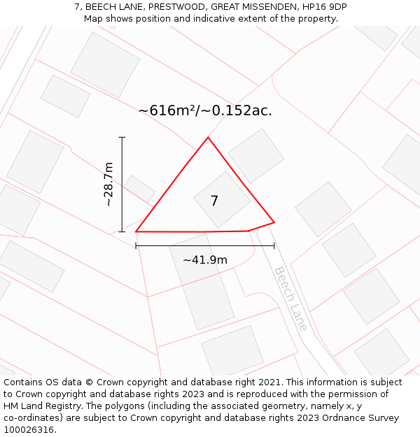 7, BEECH LANE, PRESTWOOD, GREAT MISSENDEN, HP16 9DP: Plot and title map