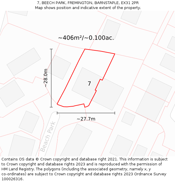 7, BEECH PARK, FREMINGTON, BARNSTAPLE, EX31 2PR: Plot and title map