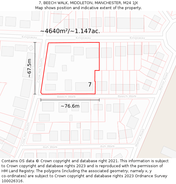 7, BEECH WALK, MIDDLETON, MANCHESTER, M24 1JX: Plot and title map