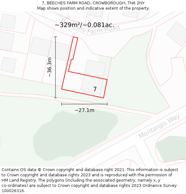 7, BEECHES FARM ROAD, CROWBOROUGH, TN6 2NY: Plot and title map