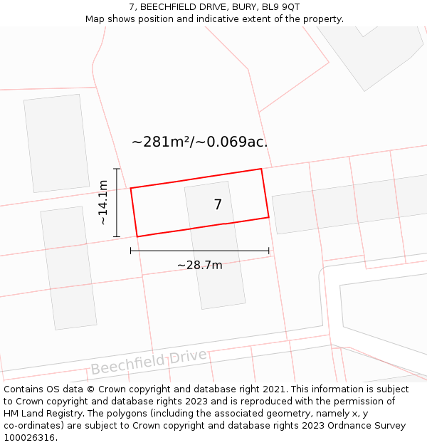 7, BEECHFIELD DRIVE, BURY, BL9 9QT: Plot and title map