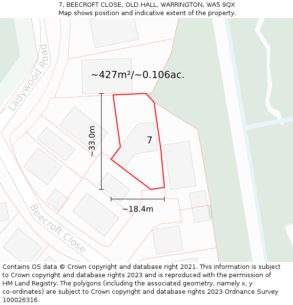 7, BEECROFT CLOSE, OLD HALL, WARRINGTON, WA5 9QX: Plot and title map