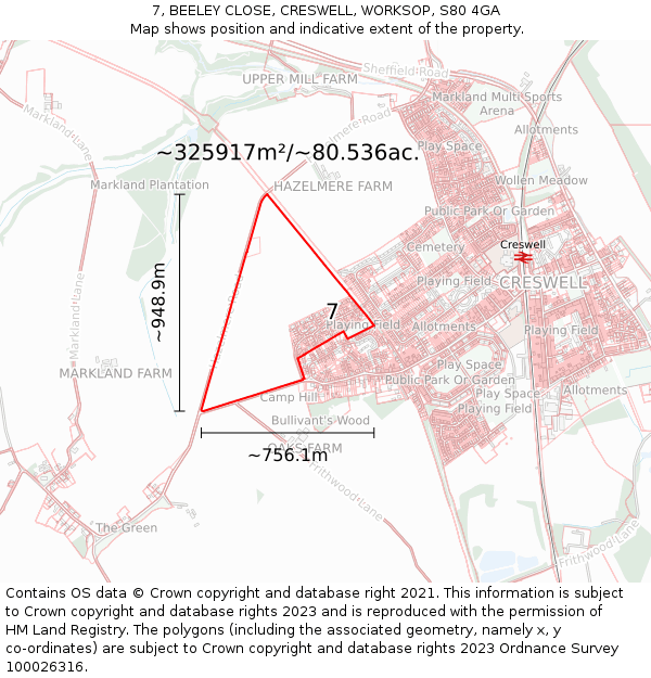 7, BEELEY CLOSE, CRESWELL, WORKSOP, S80 4GA: Plot and title map